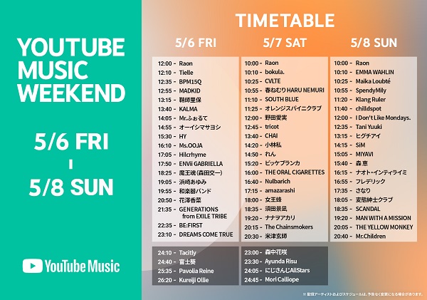 YouTube Music Weekend vol.5」、5月6日～8日開催決定。ドリカム、米津